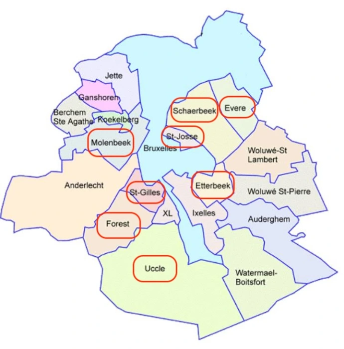Carte des communes de Bruxelles couvertes par le service de kinésithérapie à domicile